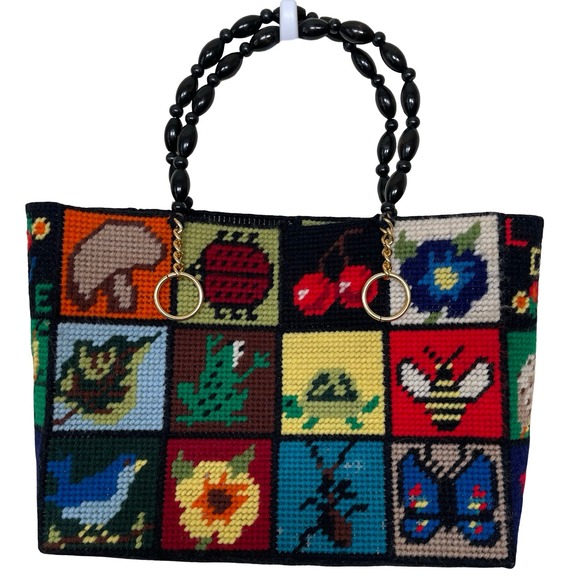 Vintage Needlepoint Patchwork Tapestry Purse Ecology Animals Flowers MCM 70s - Picture 1 of 8